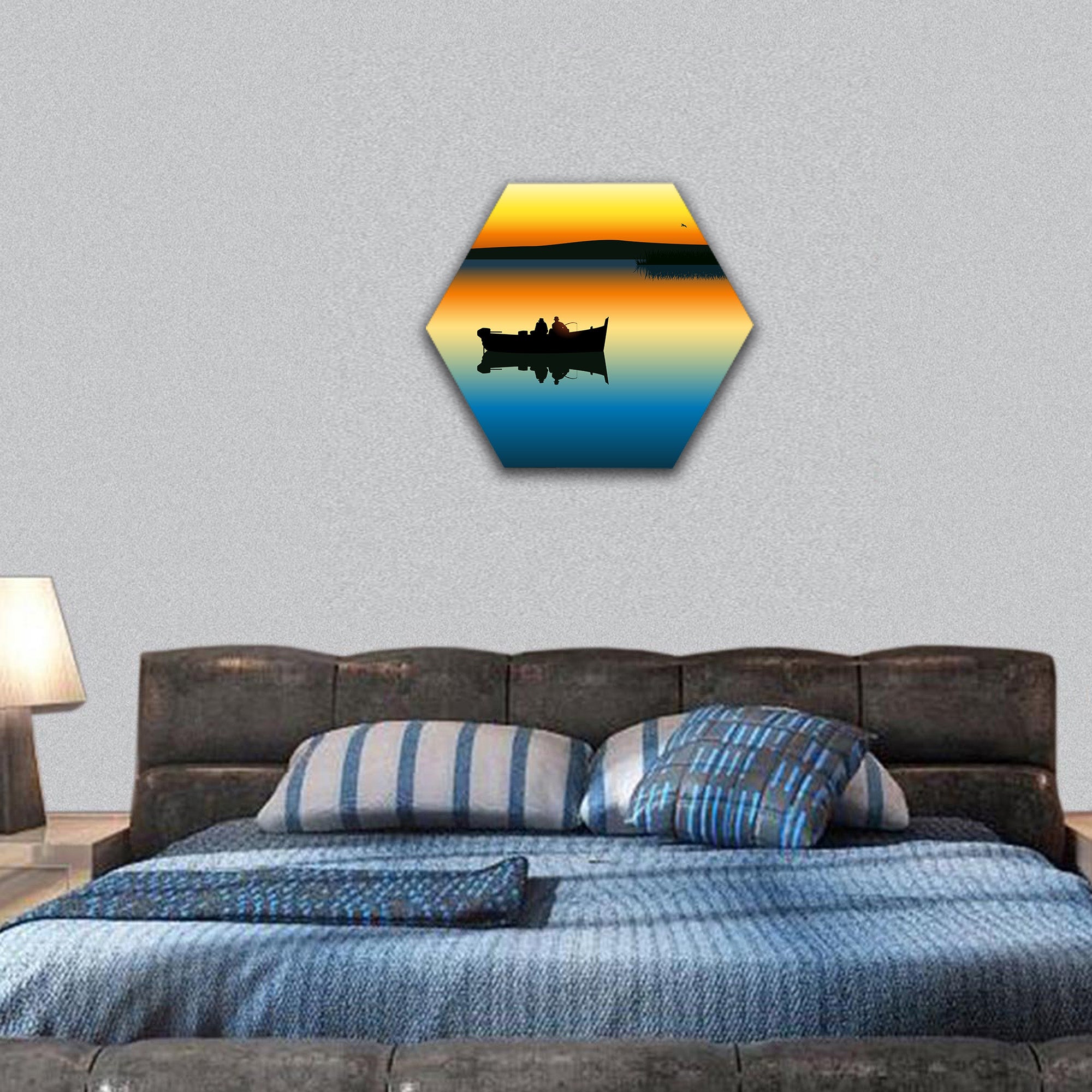 two men silhouette fishing on tranquil lake hexagonal canvas wall art