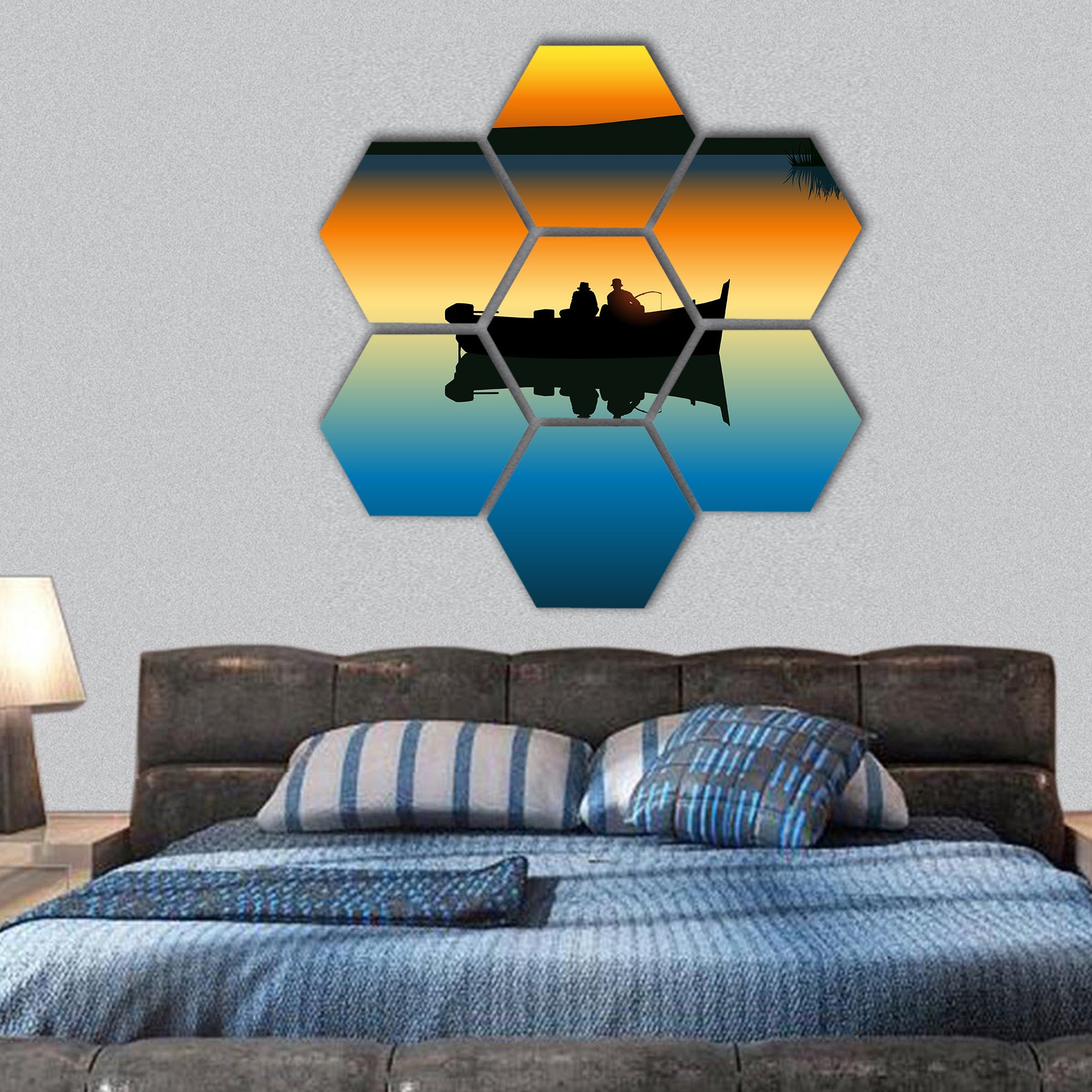 two men silhouette fishing on tranquil lake hexagonal canvas wall art