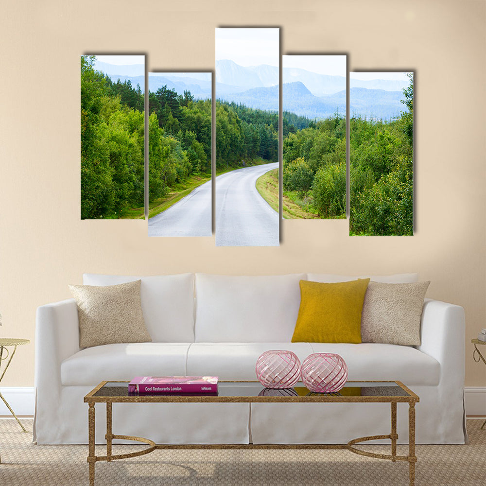 Scenic winding road through green forest in Norway multi panel canvas wall art