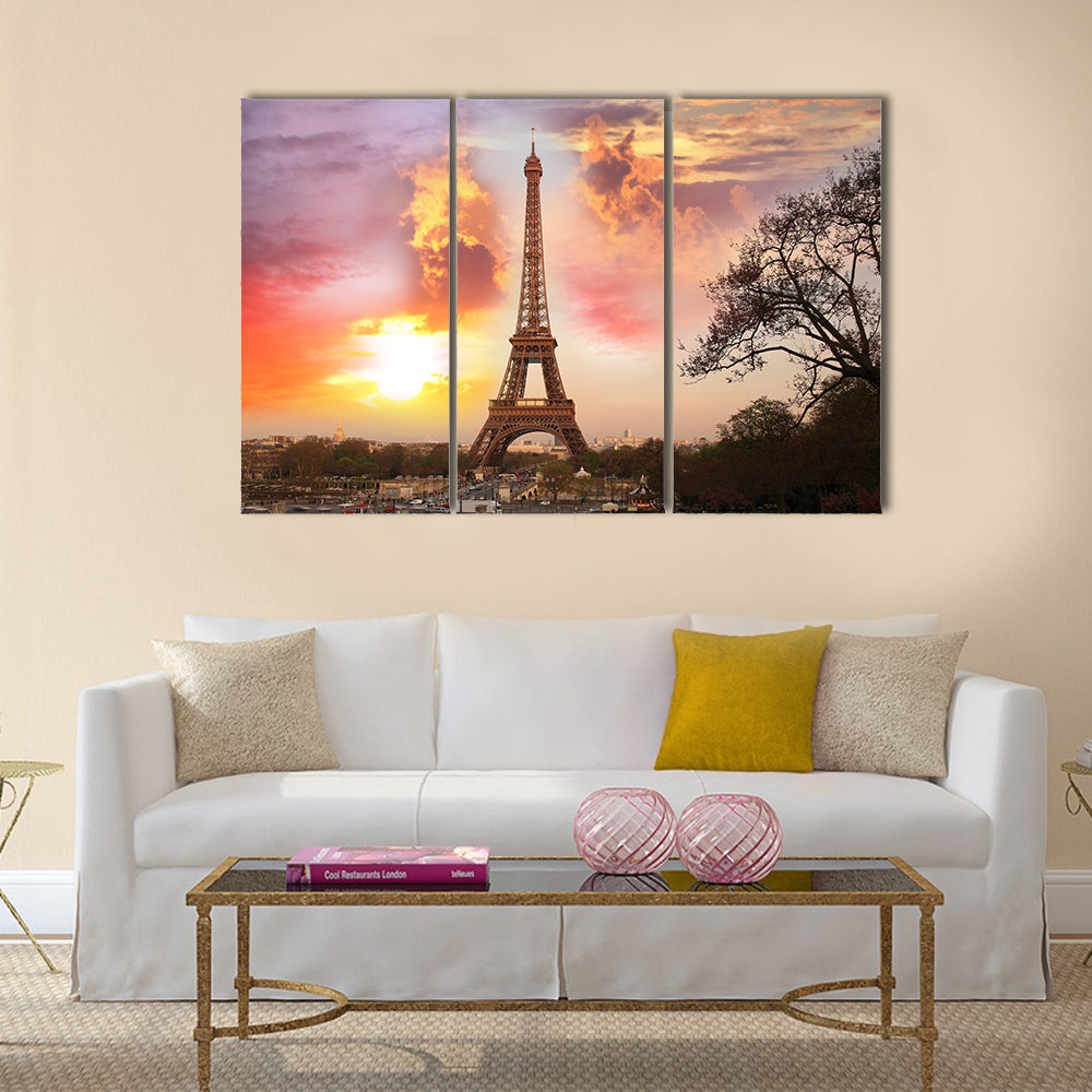 Eiffel Tower against sunset in Paris, France Multi panel canvas wall art