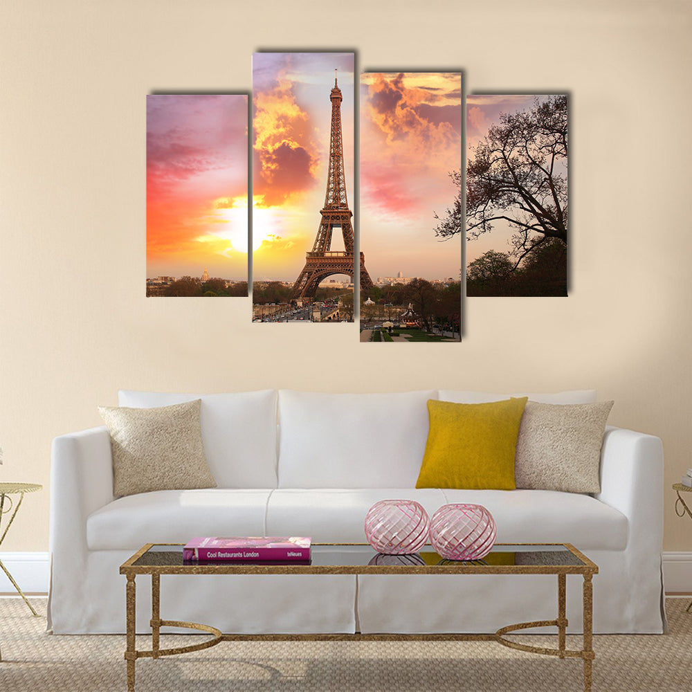 Eiffel Tower against sunset in Paris, France Multi panel canvas wall art