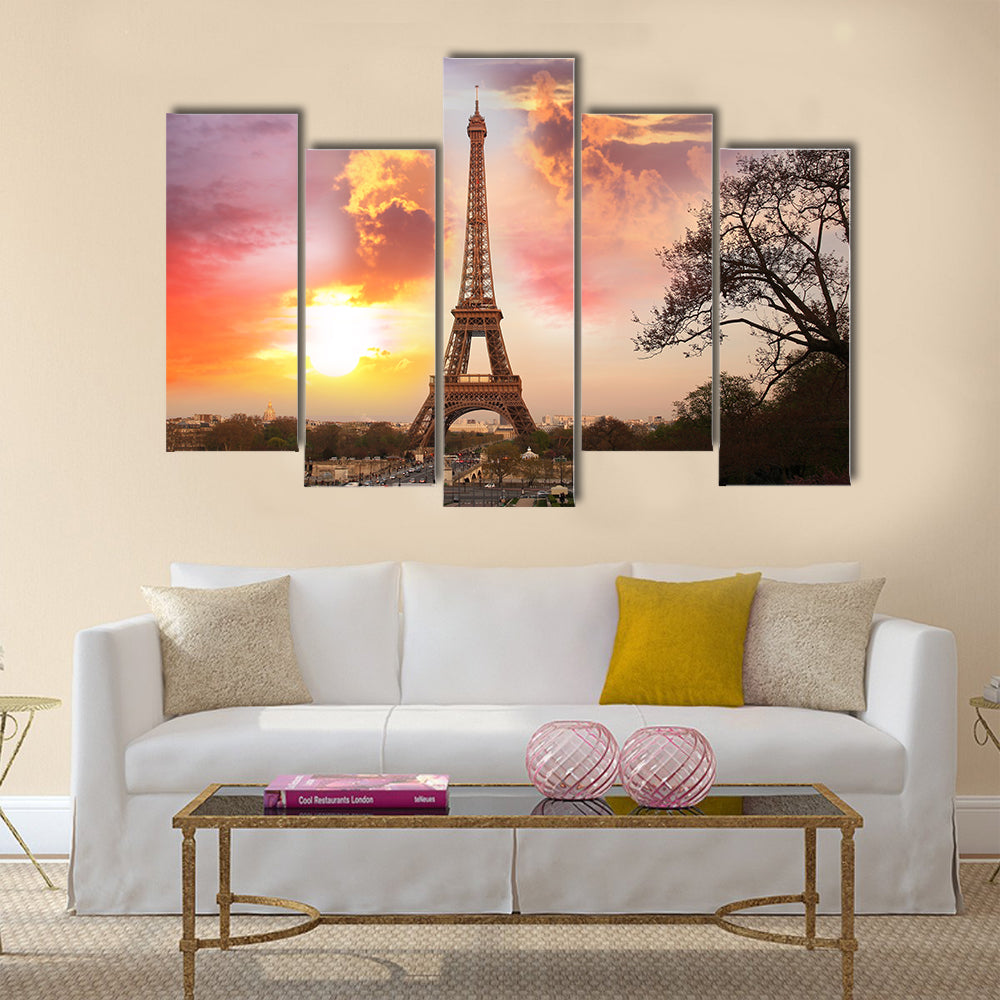 Eiffel Tower against sunset in Paris, France Multi panel canvas wall art