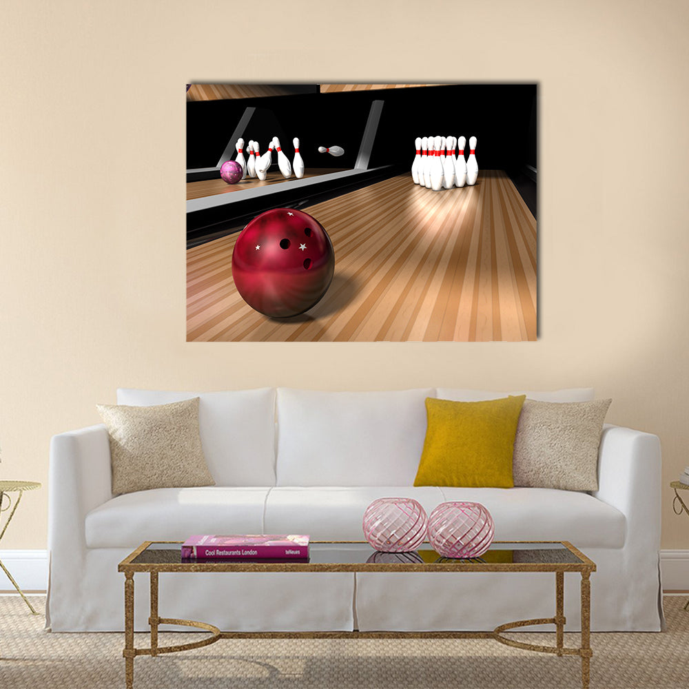 A red bowling ball rolling down a bowling alley ready Multi panel canvas wall art
