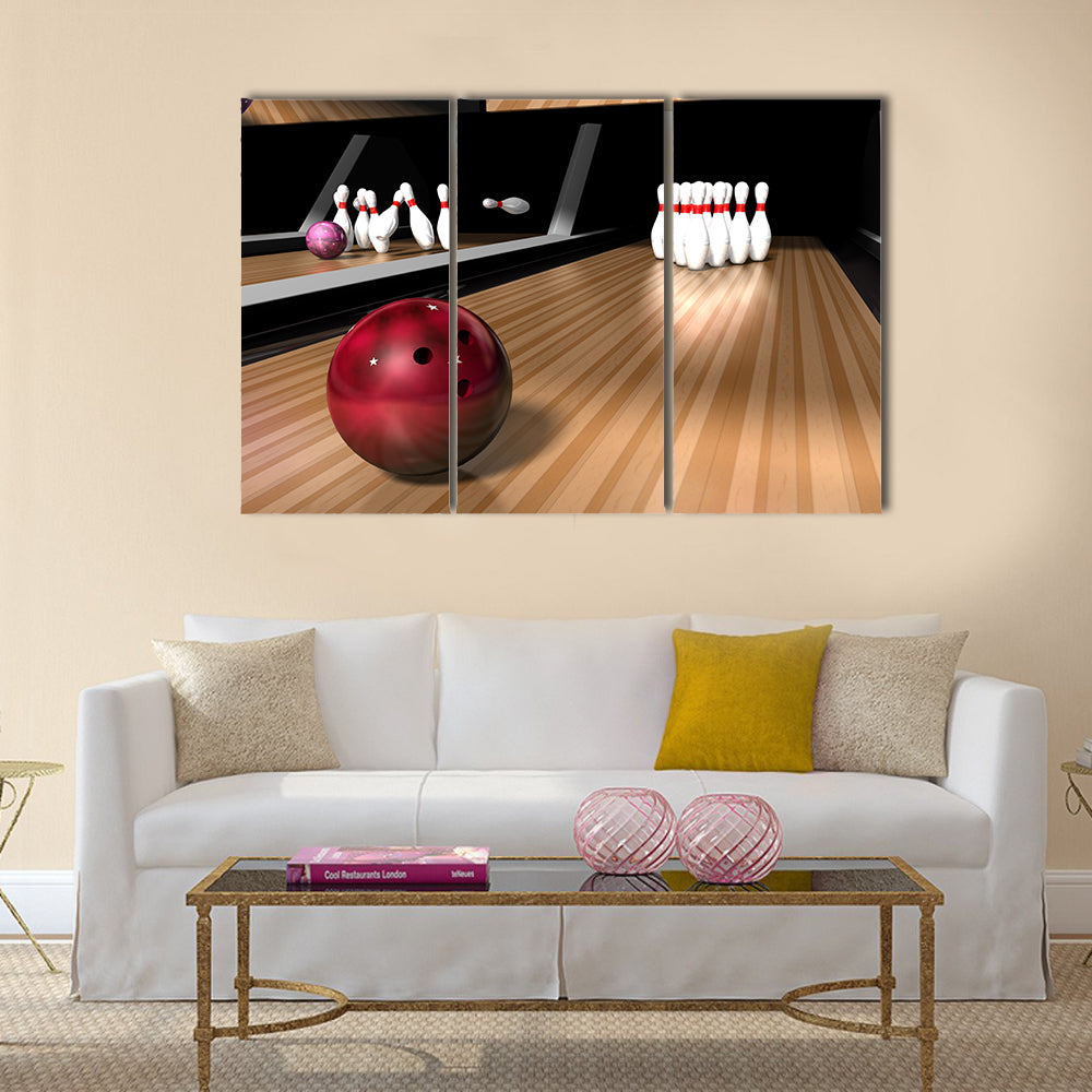 A red bowling ball rolling down a bowling alley ready Multi panel canvas wall art