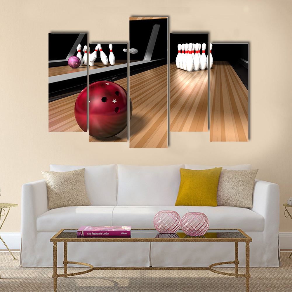 A red bowling ball rolling down a bowling alley ready Multi panel canvas wall art
