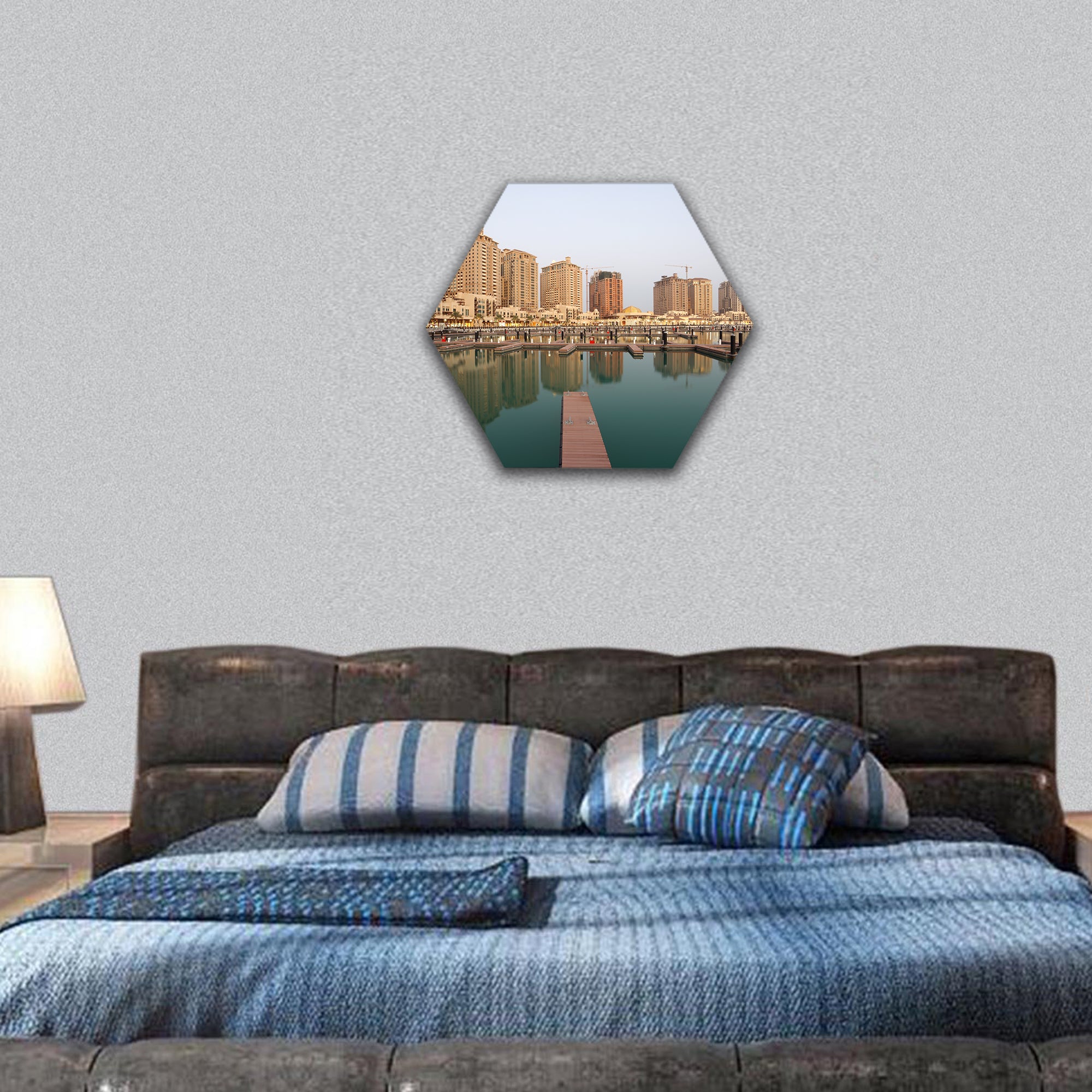 Residential buildings and Marina at Pearl in Doha, Qatar hexagonal canvas wall art