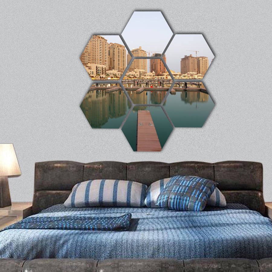 Residential buildings and Marina at Pearl in Doha, Qatar hexagonal canvas wall art
