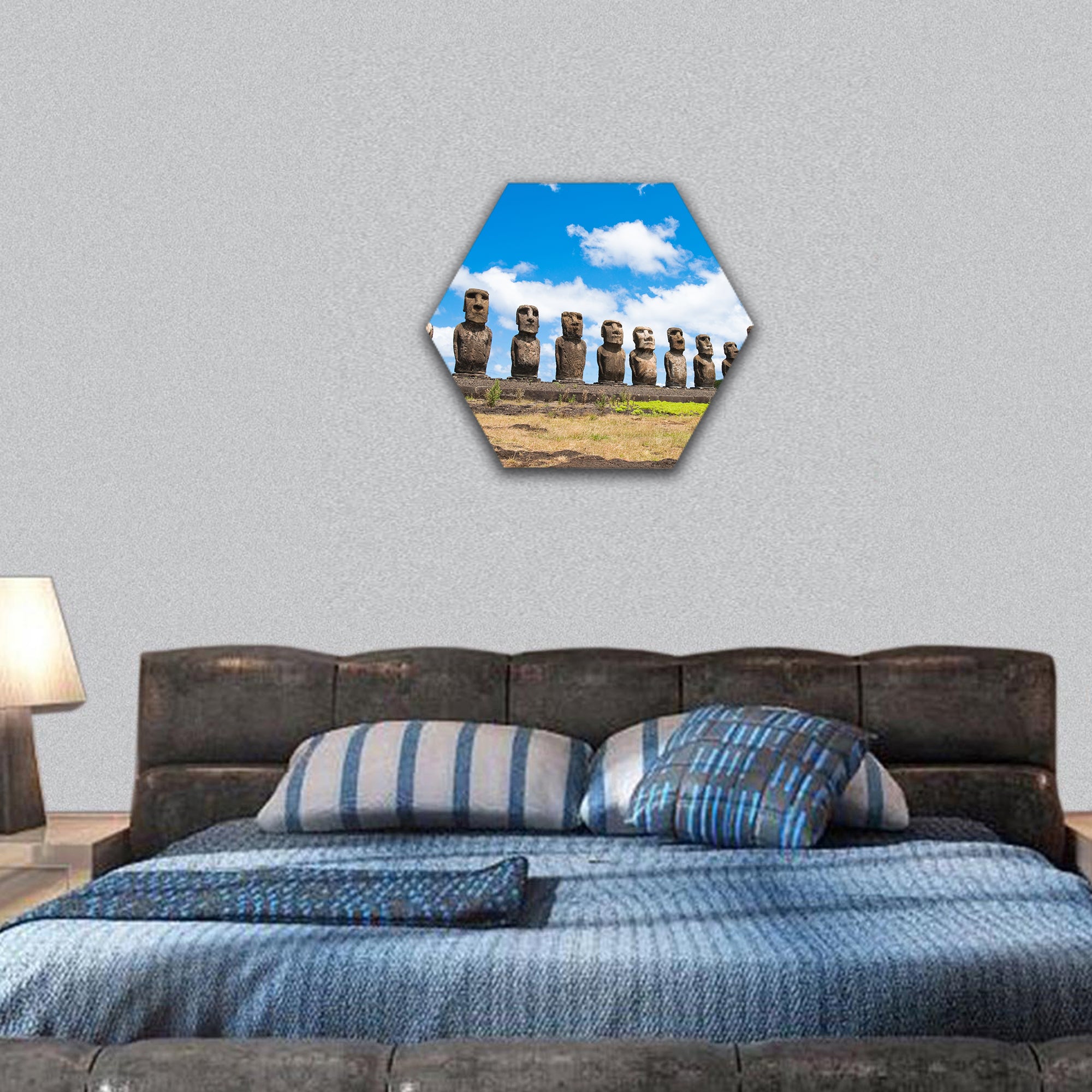 Moais in Ahu Tongariki, Easter island hexagonal canvas wall art