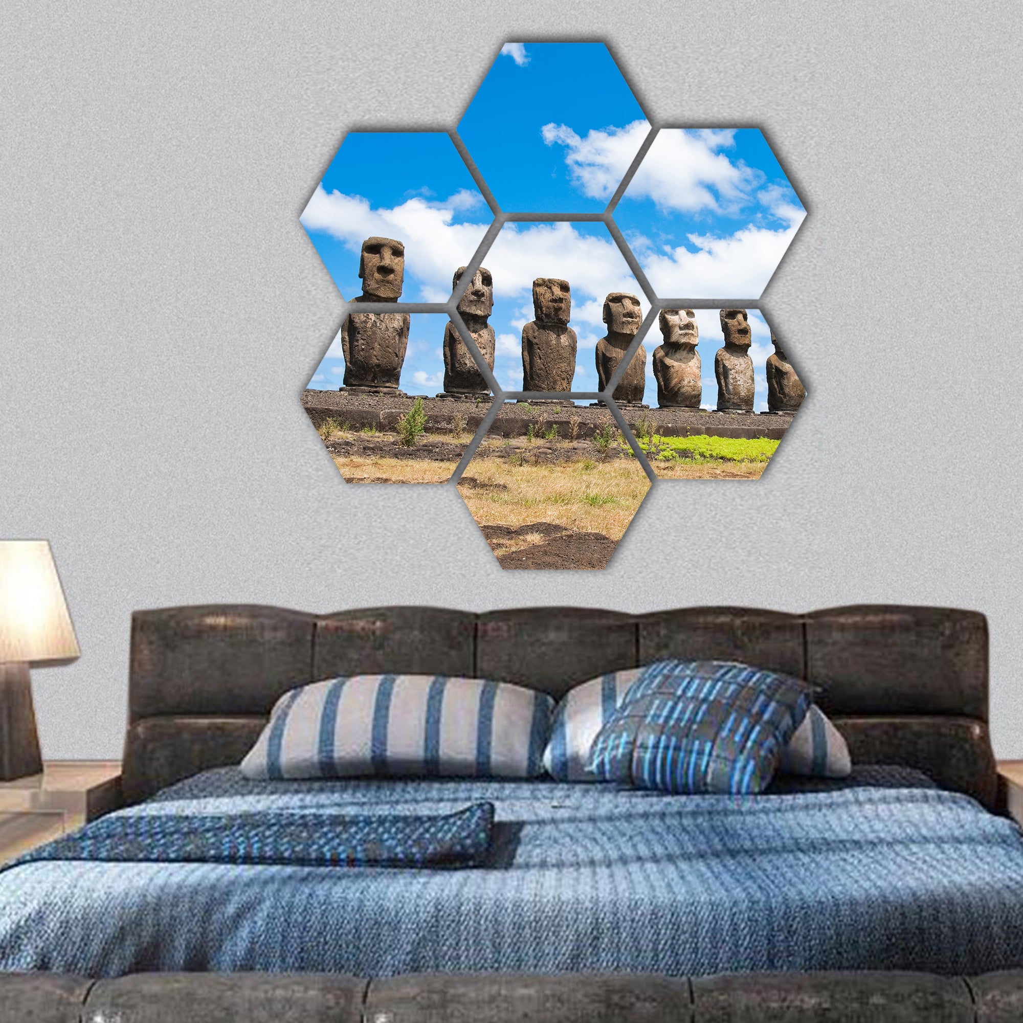 Moais in Ahu Tongariki, Easter island hexagonal canvas wall art