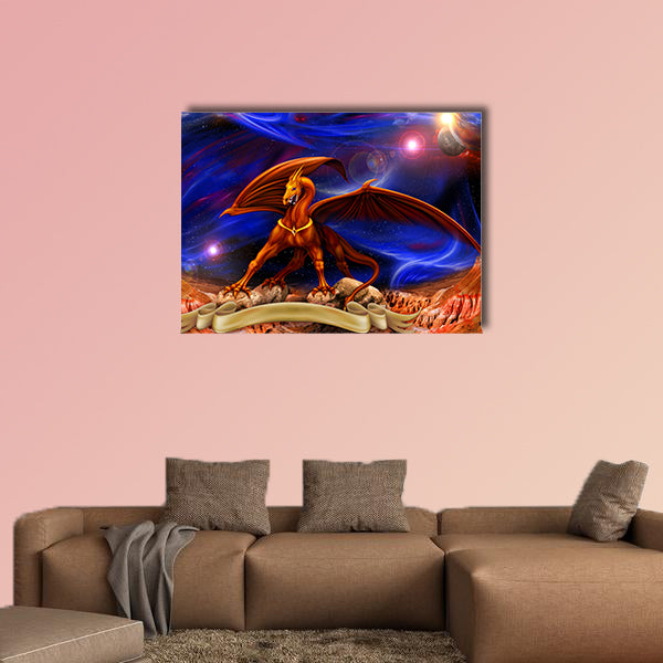 Fantasy red gold dragon against a background of cosmic landscapes multi panel canvas wall art