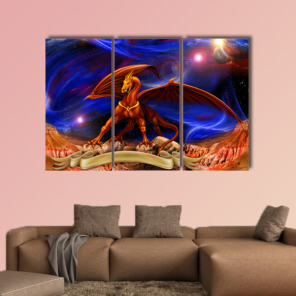 Fantasy red gold dragon against a background of cosmic landscapes multi panel canvas wall art
