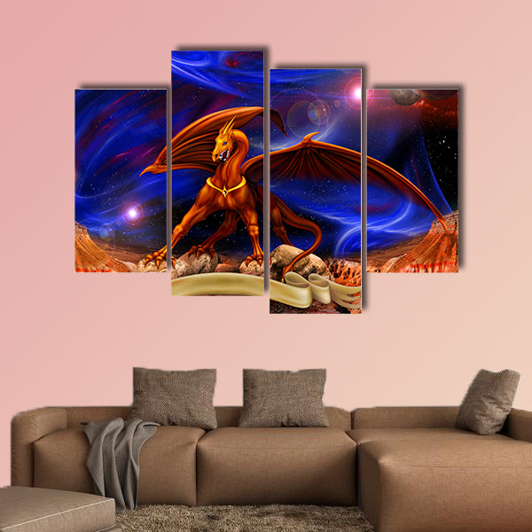 Fantasy red gold dragon against a background of cosmic landscapes multi panel canvas wall art