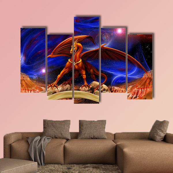 Fantasy red gold dragon against a background of cosmic landscapes multi panel canvas wall art