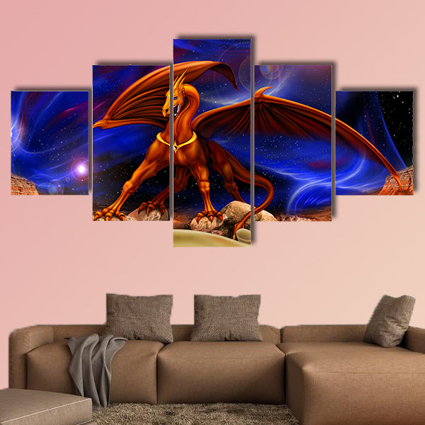 Fantasy red gold dragon against a background of cosmic landscapes multi panel canvas wall art