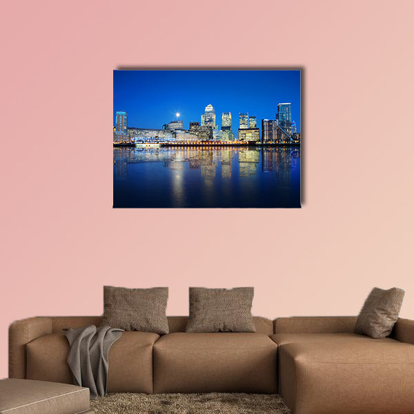 London skyscrapers reflected on water at night multi panel canvas wall art