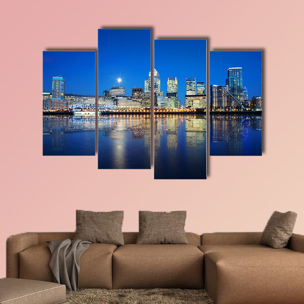 London skyscrapers reflected on water at night multi panel canvas wall art