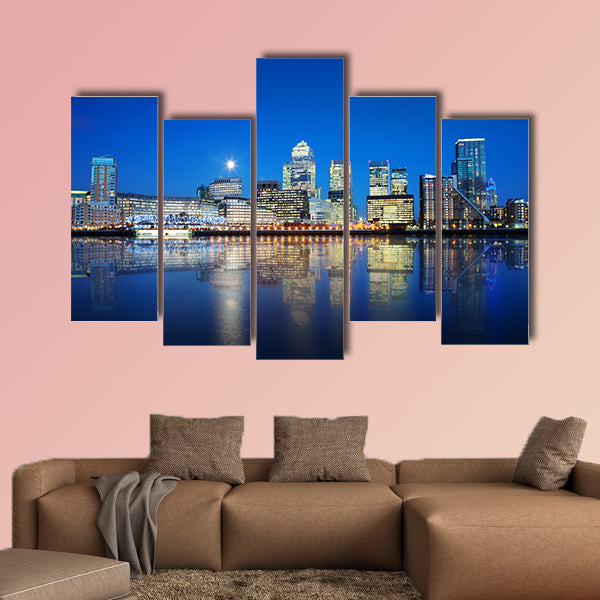 London skyscrapers reflected on water at night multi panel canvas wall art