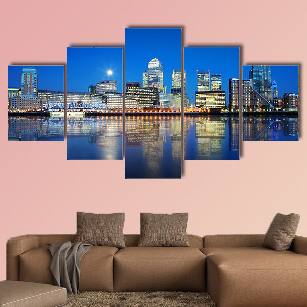London skyscrapers reflected on water at night multi panel canvas wall art