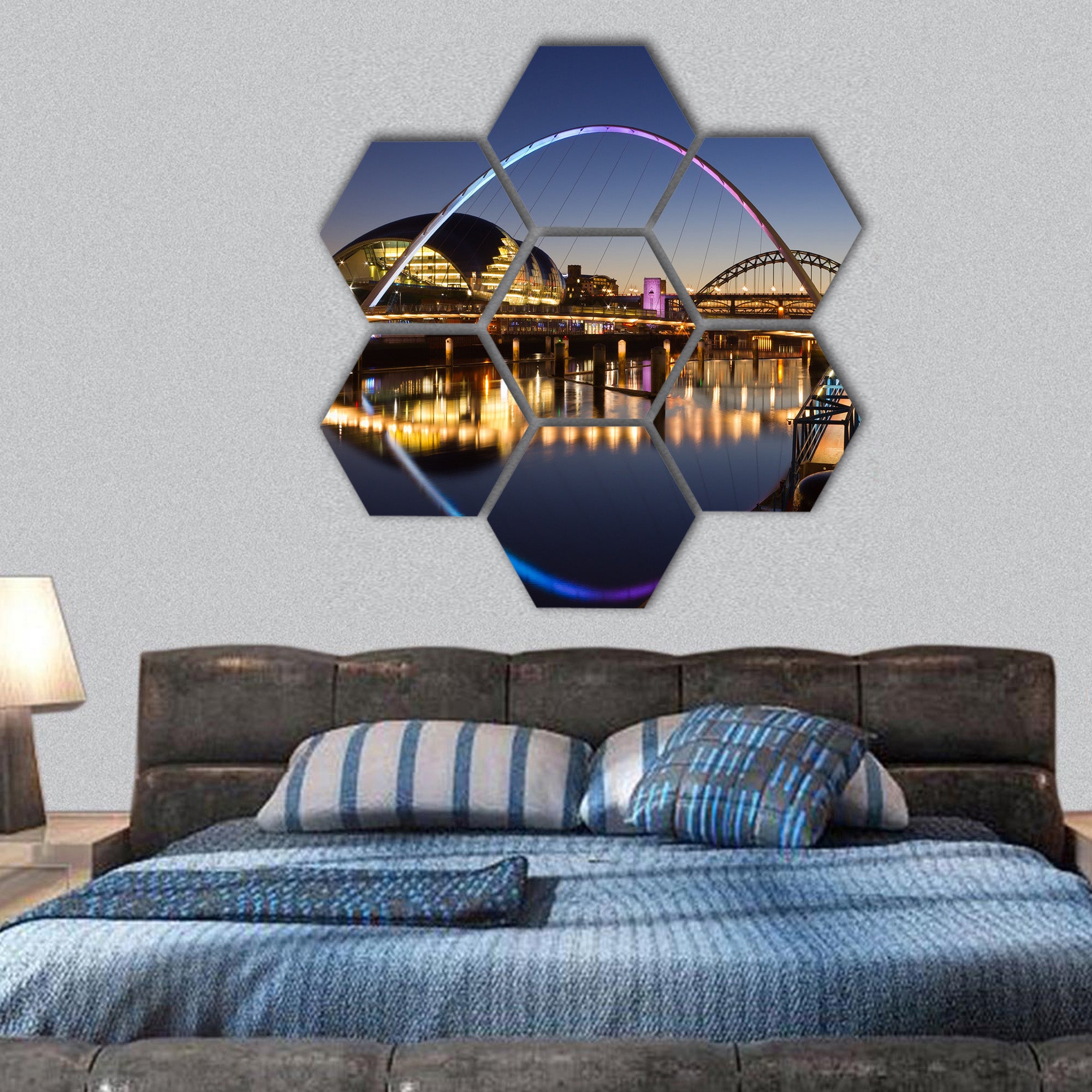 Newcastle quayside at night hexagonal canvas wall art