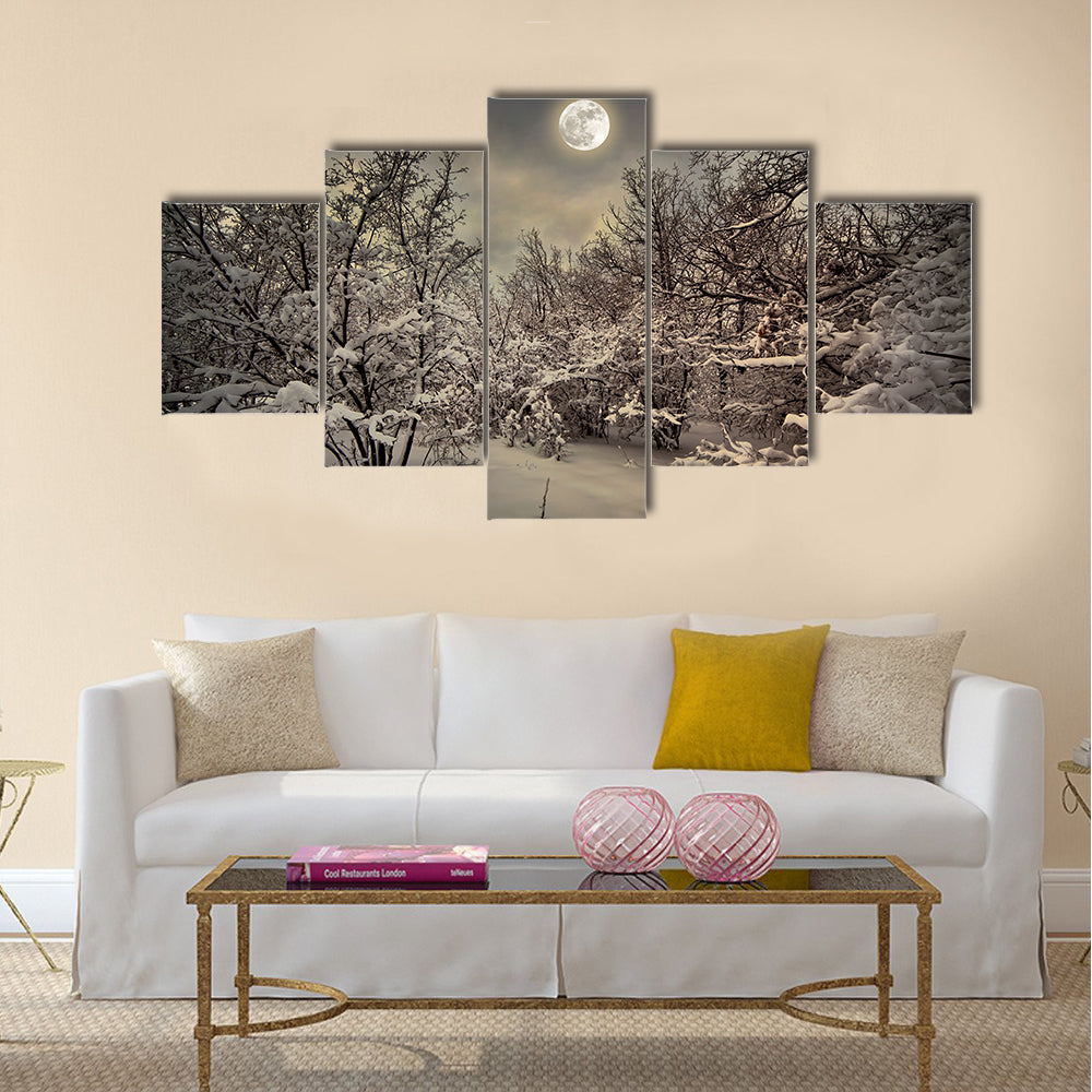 Moonlight night in winter wood Multi panel canvas wall art