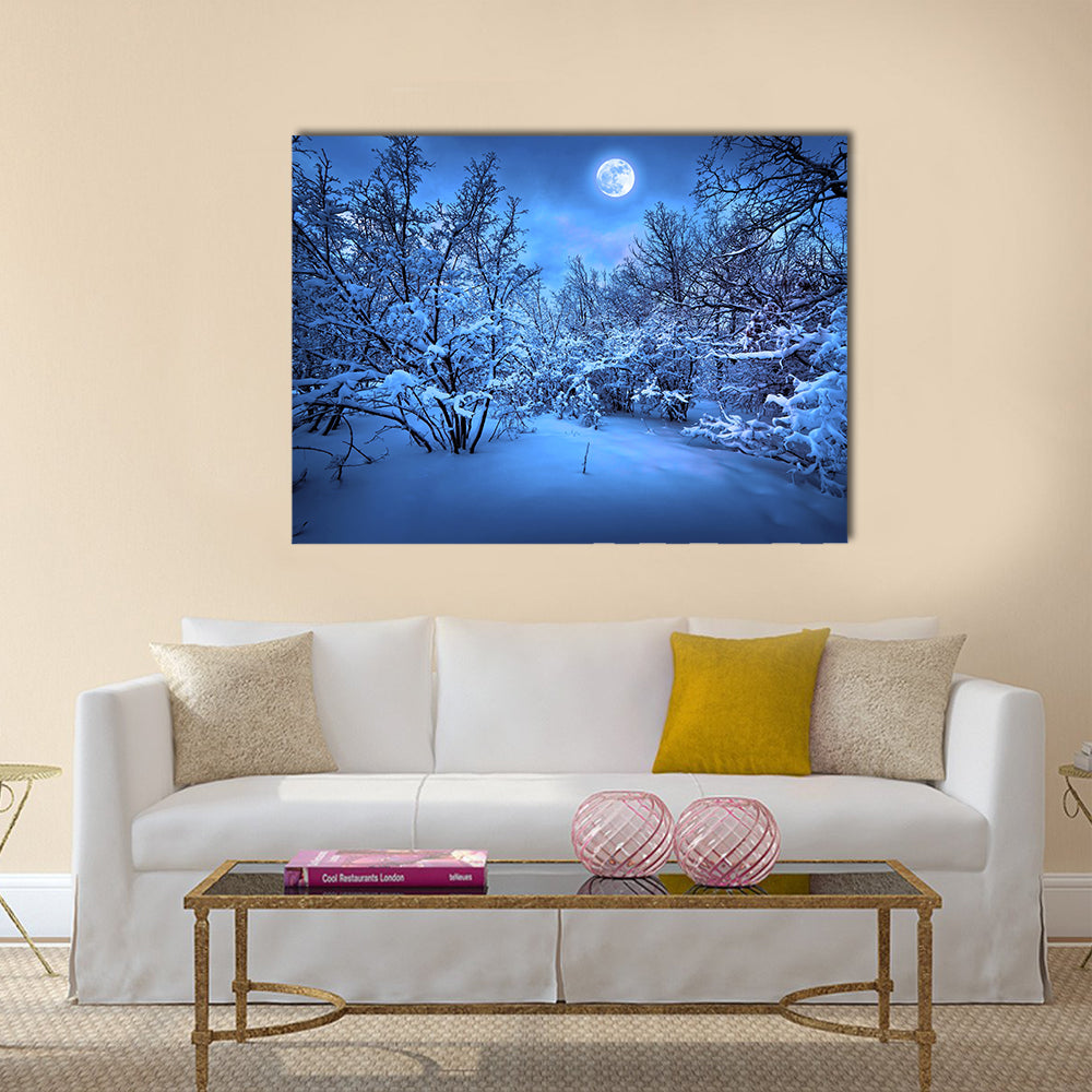 Moonlight night in winter wood  Multi Panel Canvas Wall Art