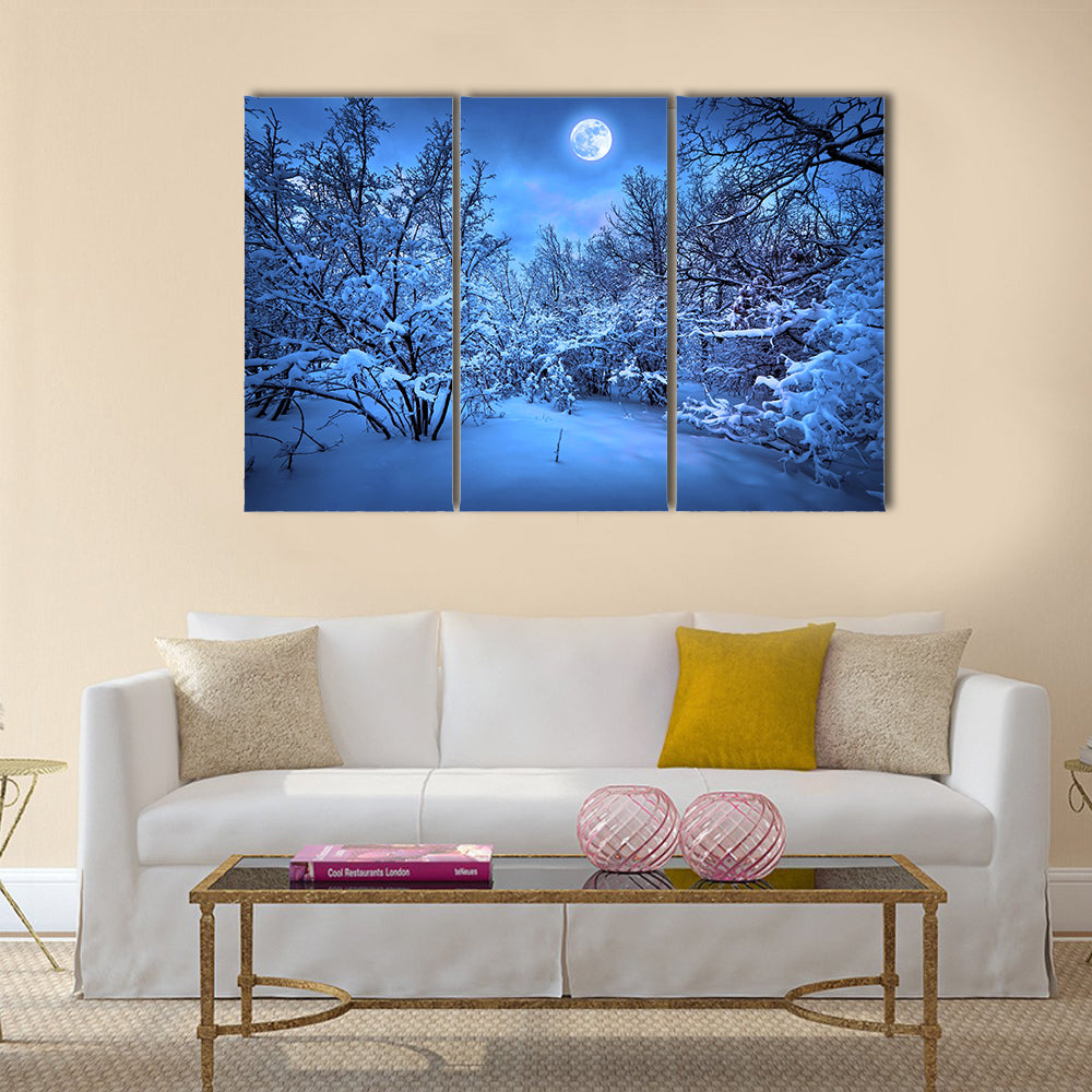 Moonlight night in winter wood  Multi Panel Canvas Wall Art