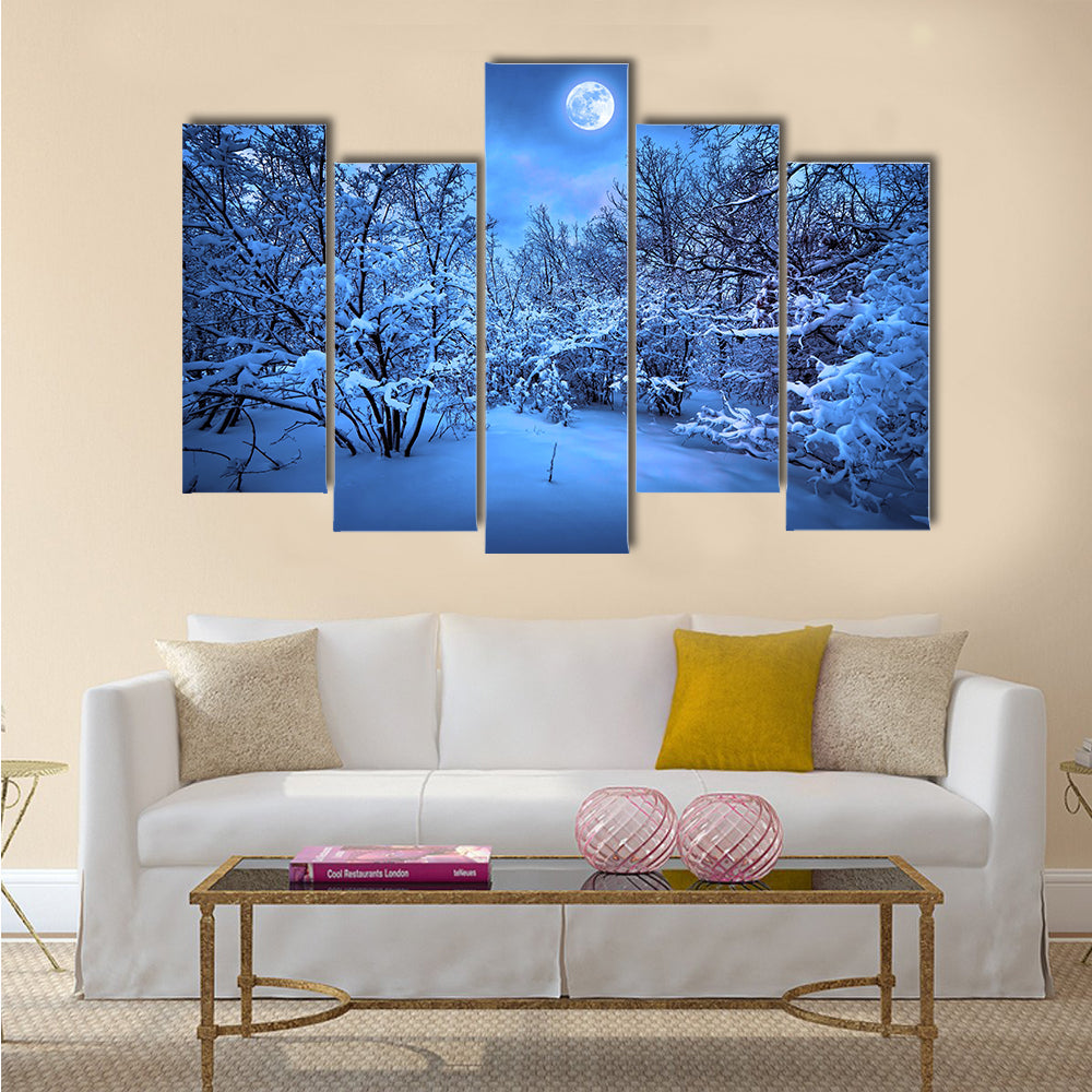 Moonlight night in winter wood  Multi Panel Canvas Wall Art