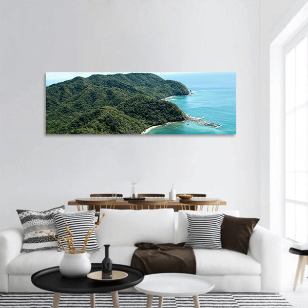 jungle covered mountains ,beach of Ballena Bay in Costa Rica panoramic canvas wall art
