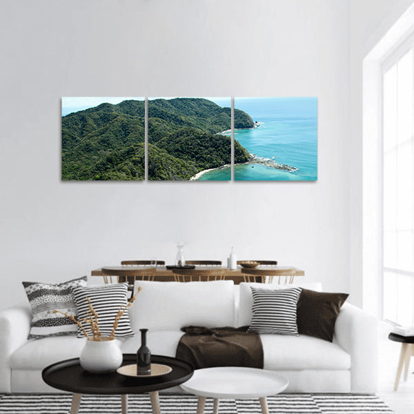 jungle covered mountains ,beach of Ballena Bay in Costa Rica panoramic canvas wall art
