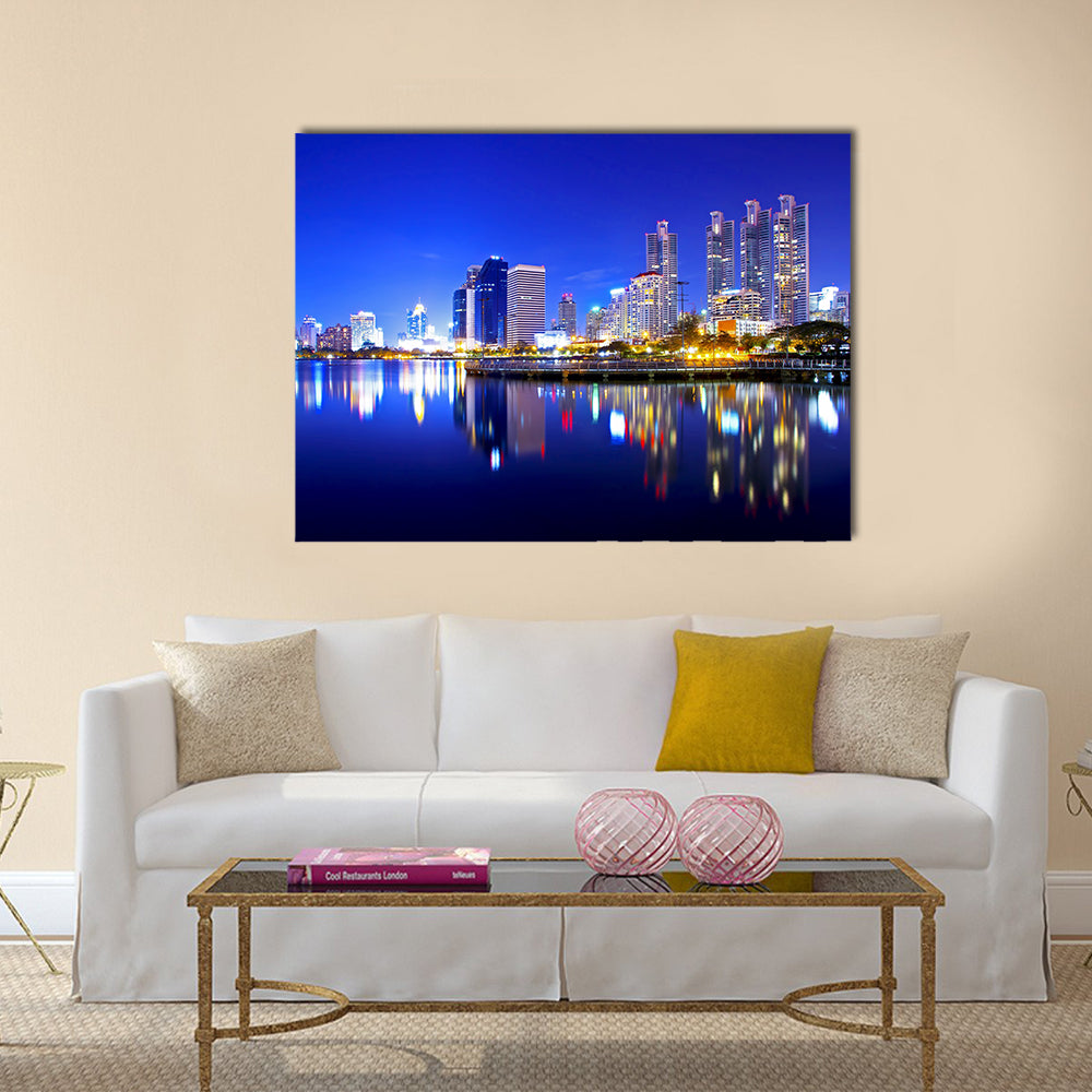 Bangkok city downtown at night with reflection of skyline multi panel canvas wall art