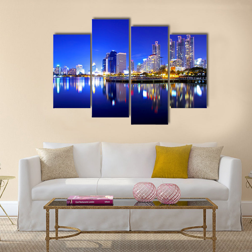 Bangkok city downtown at night with reflection of skyline multi panel canvas wall art