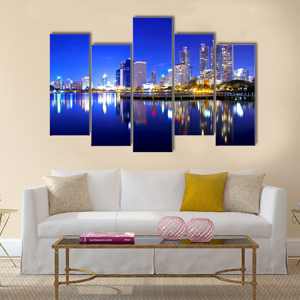 Bangkok city downtown at night with reflection of skyline multi panel canvas wall art