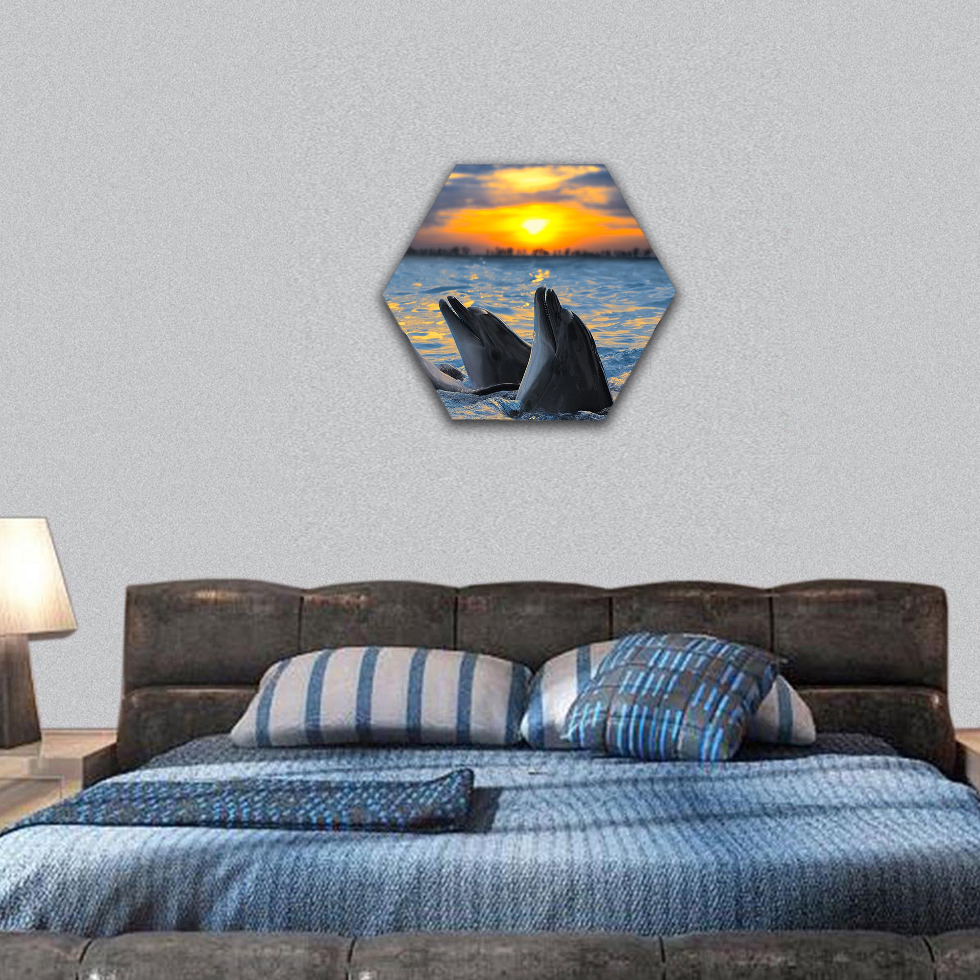 The bottle-nosed dolphins in sunset light hexagonal canvas wall art
