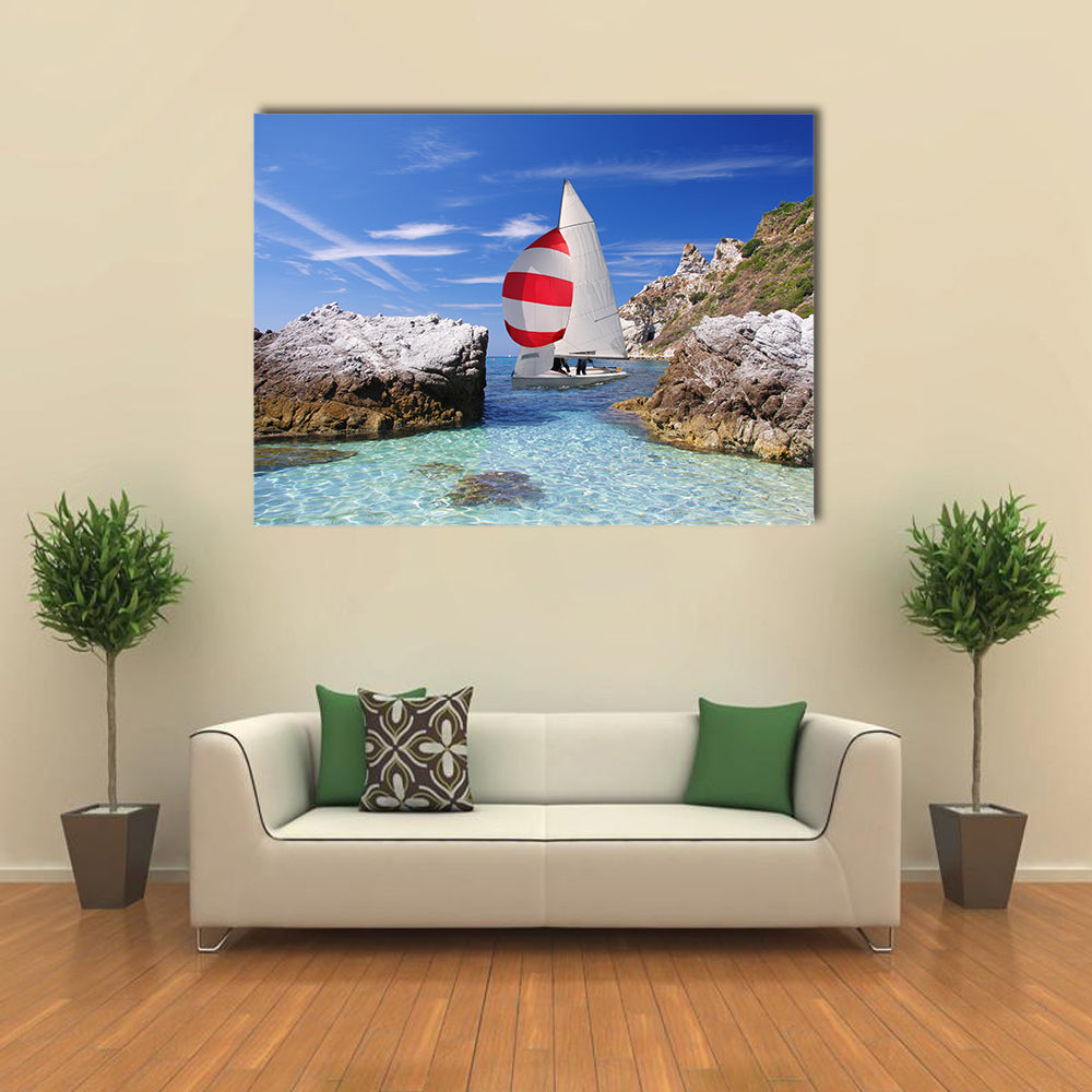 A Yacht At Luxury In The Azure Beach Multi Panel Canvas Wall Art