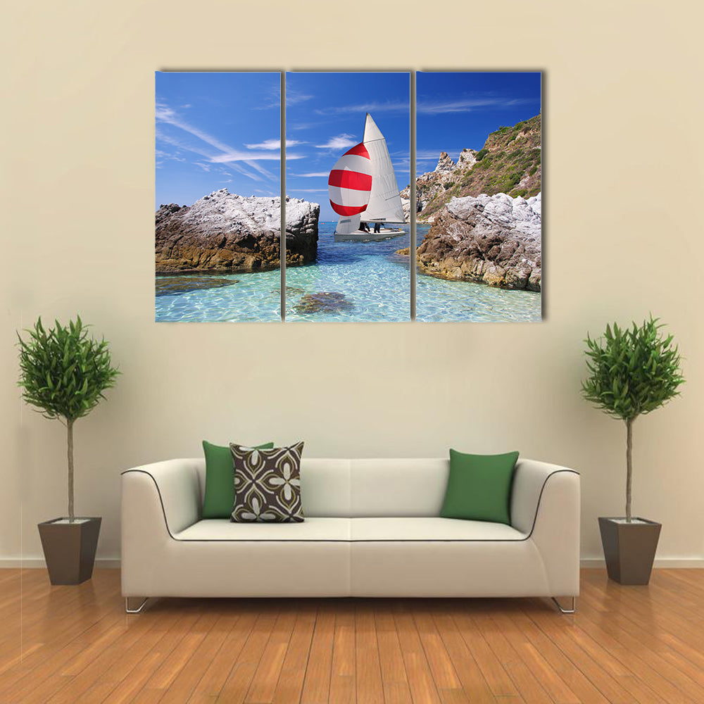 A Yacht At Luxury In The Azure Beach Multi Panel Canvas Wall Art