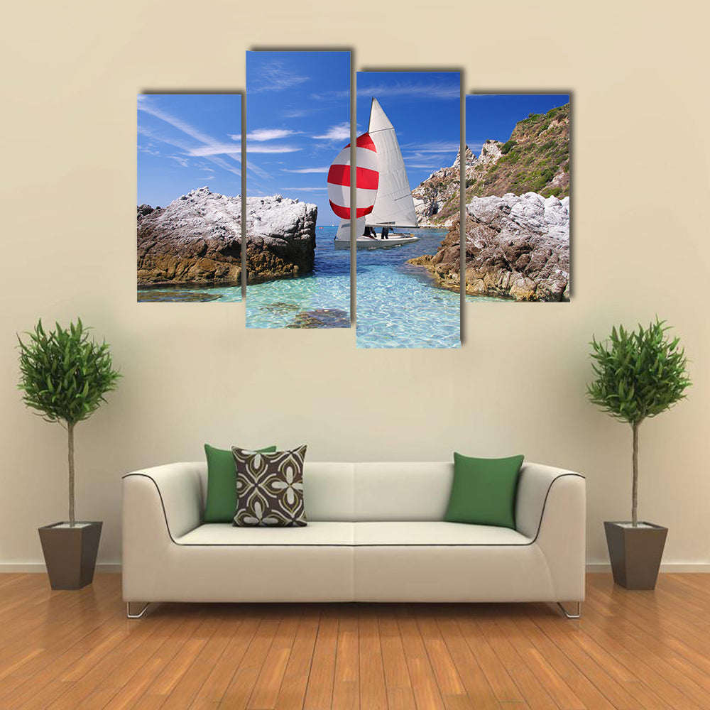 A Yacht At Luxury In The Azure Beach Multi Panel Canvas Wall Art
