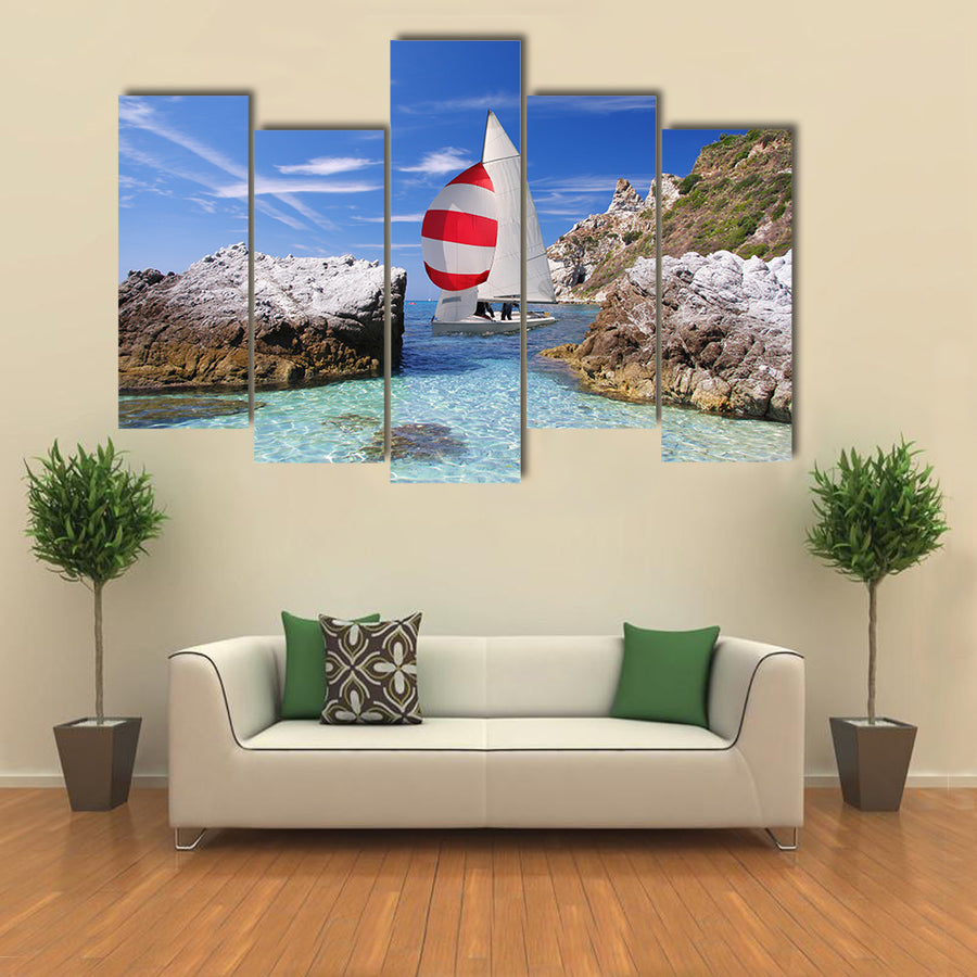 A Yacht At Luxury In The Azure Beach Multi Panel Canvas Wall Art
