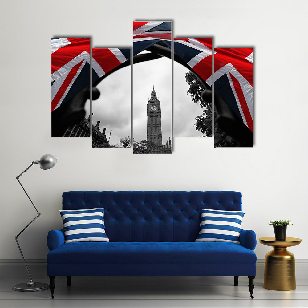 Big Ben with flag of UK Multi panel canvas wall art
