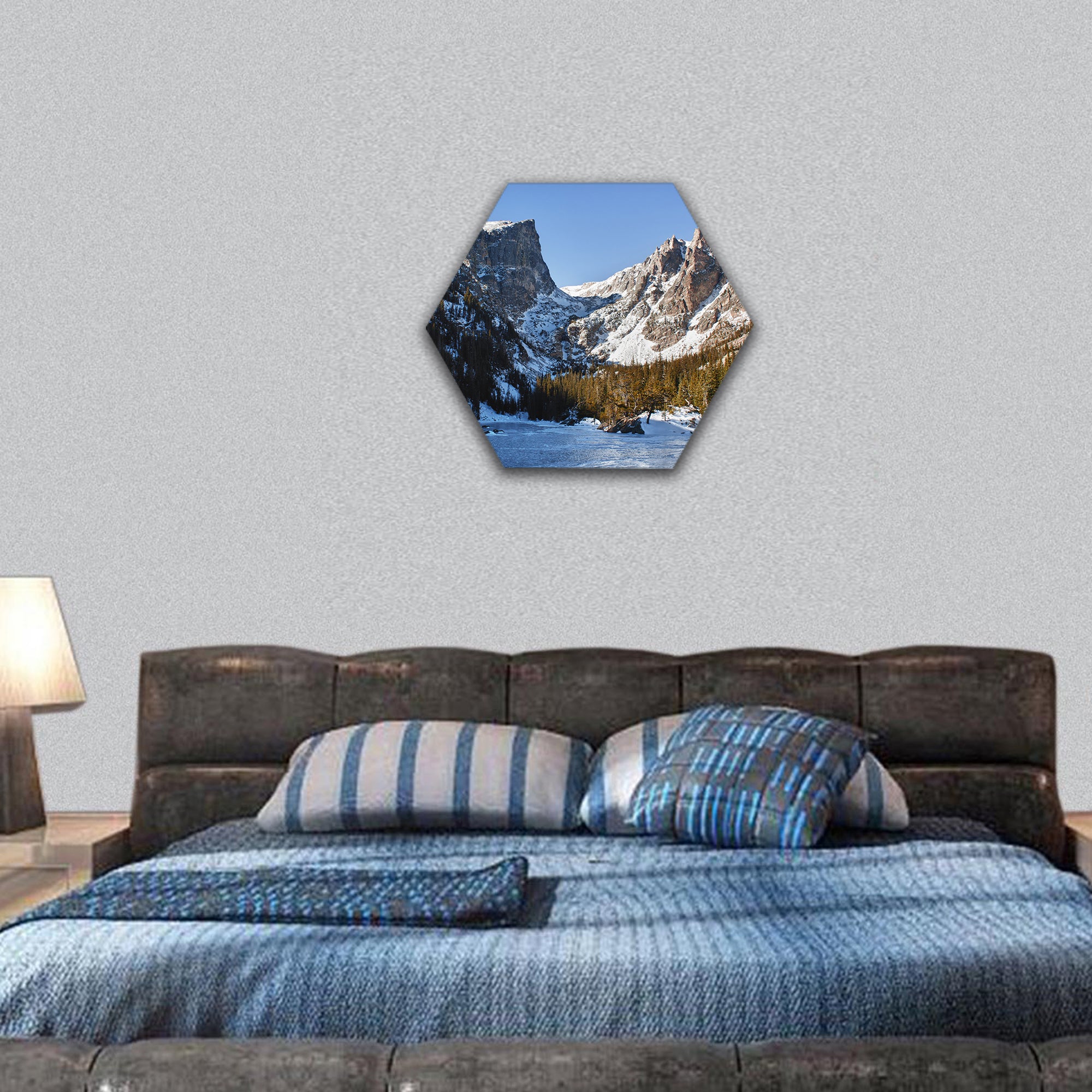 Emerald lake in rocky mountains park, CO in winter hexagonal canvas wall art