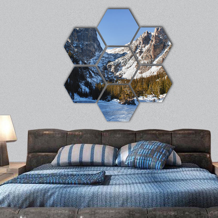 Emerald lake in rocky mountains park, CO in winter hexagonal canvas wall art