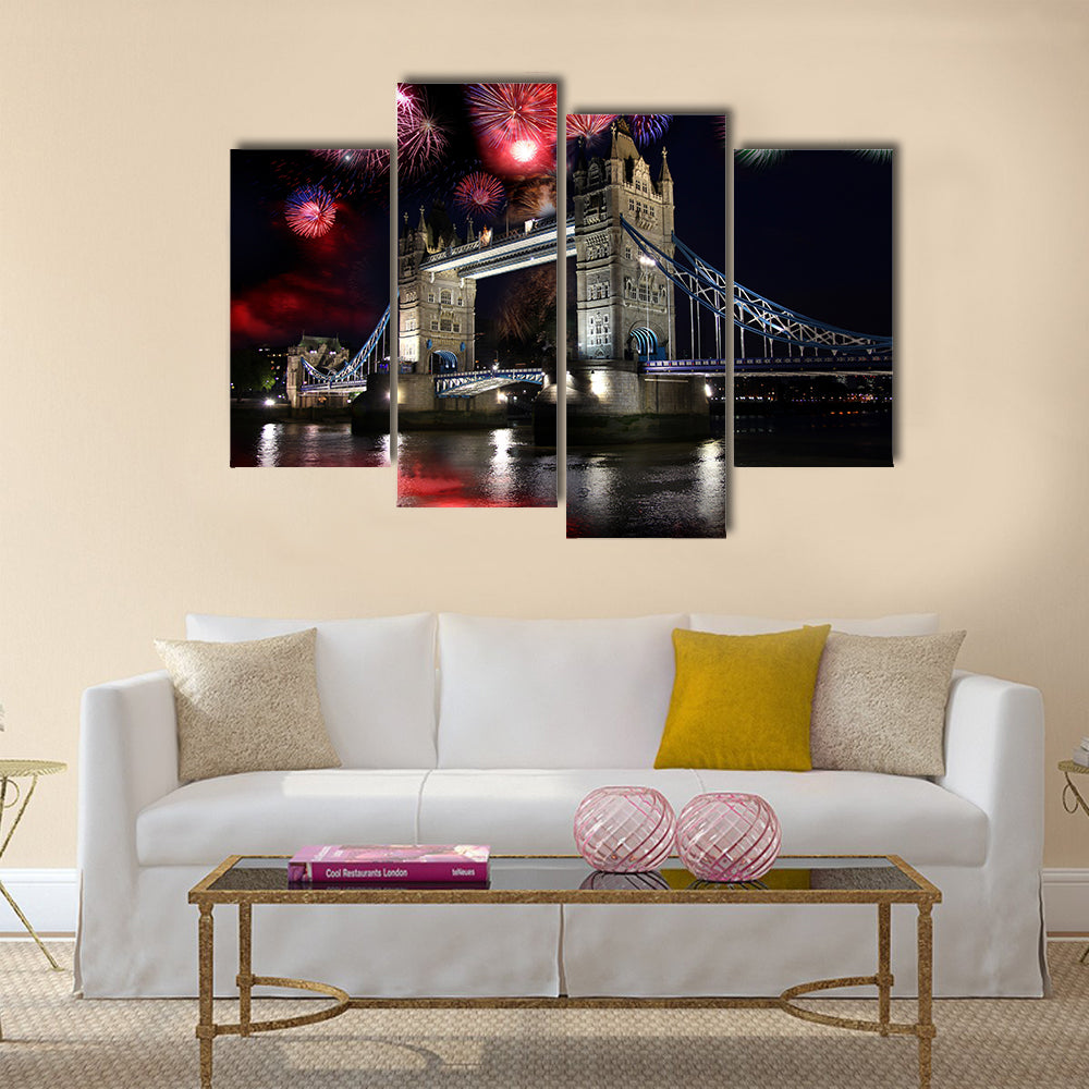 Tower bridge with firework, celebration of the New Year in London, UK Multi panel canvas wall art
