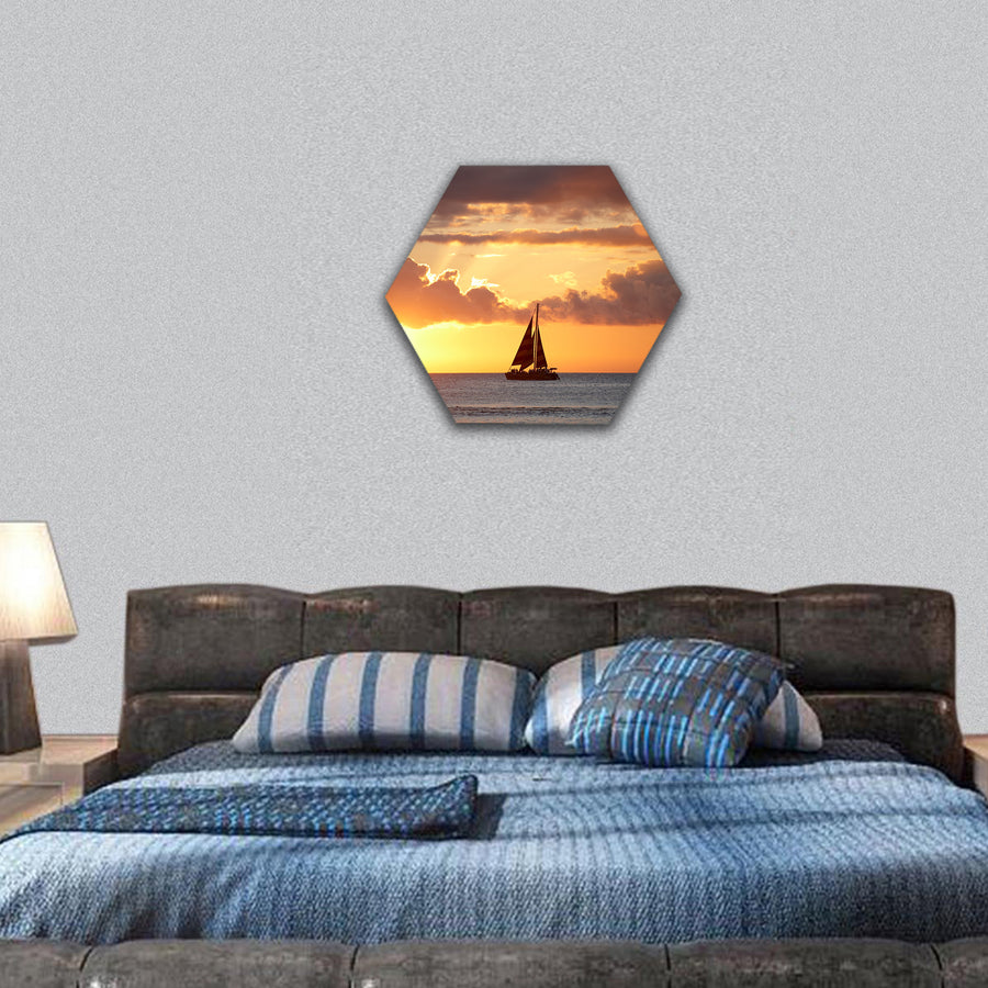 Boat, ocean and sunset - Oahu, Hawaii hexagonal canvas wall art