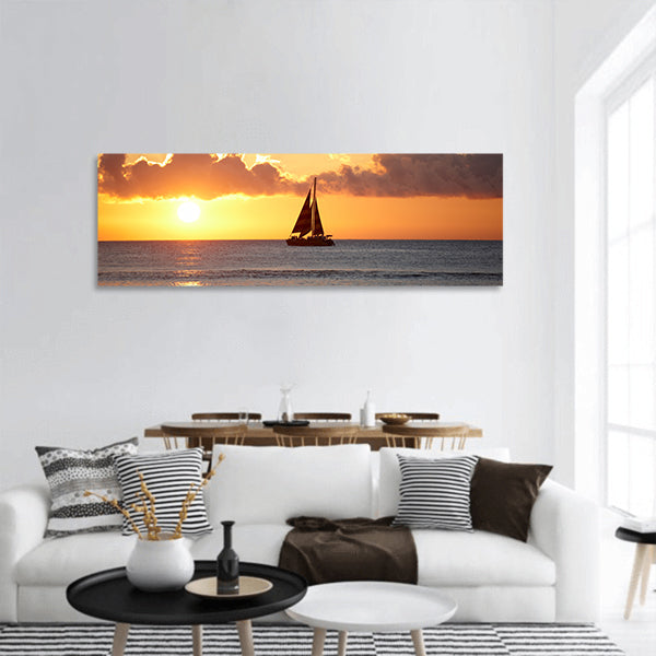 A photo of Boat, ocean and sunset - Oahu, Hawaii panoramic canvas wall art