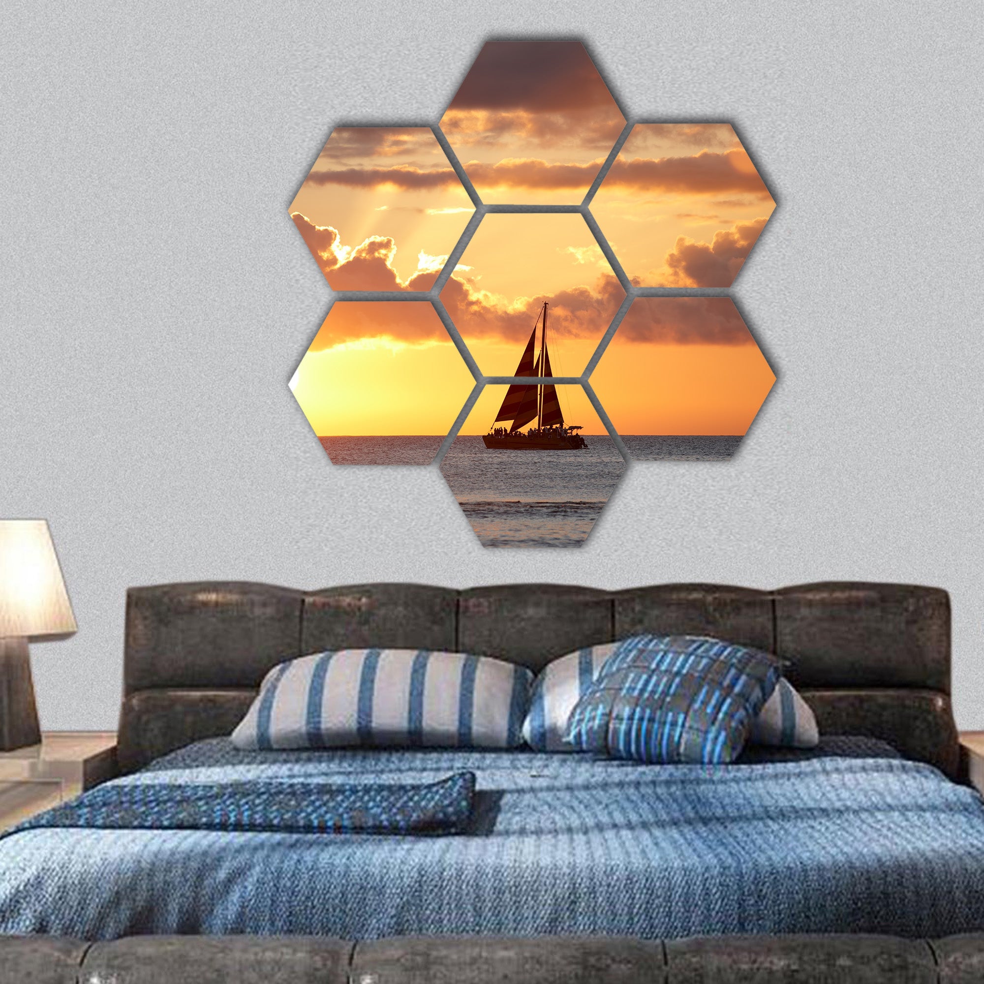 Boat, ocean and sunset - Oahu, Hawaii hexagonal canvas wall art