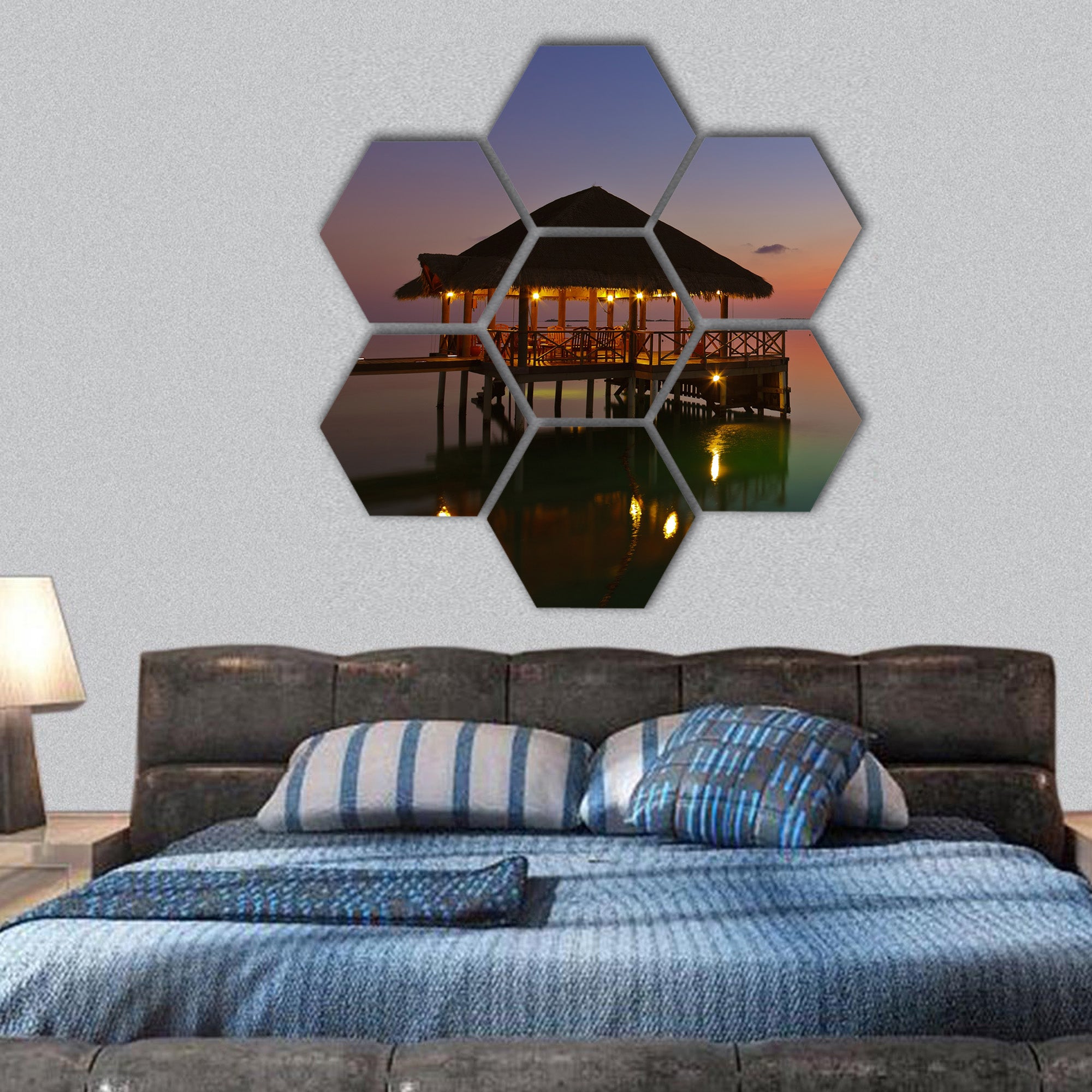Water cafe at sunset hexagonal canvas wall art