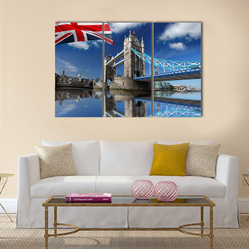 London Tower Bridge with colorful flag of England Multi panel canvas wall art