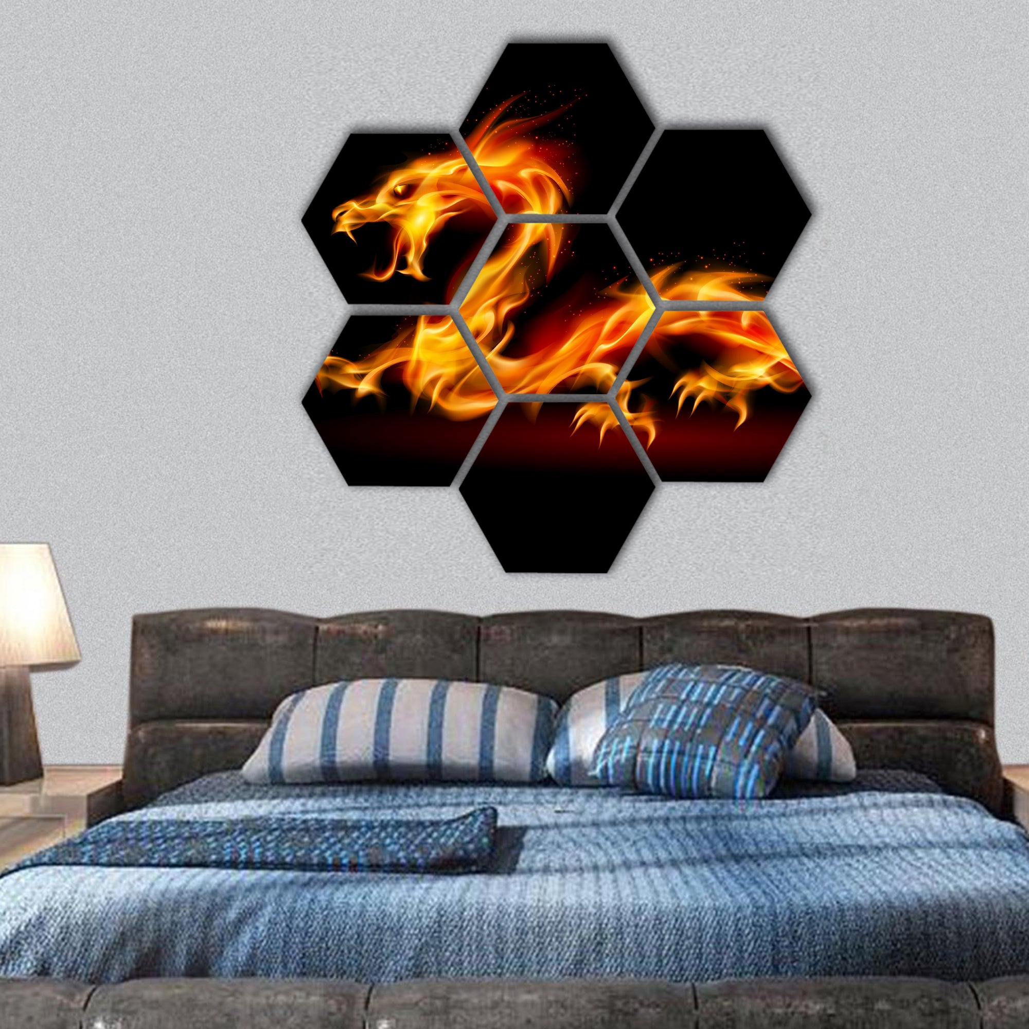 Illustration of Dragon on black background for design hexagonal canvas wall art