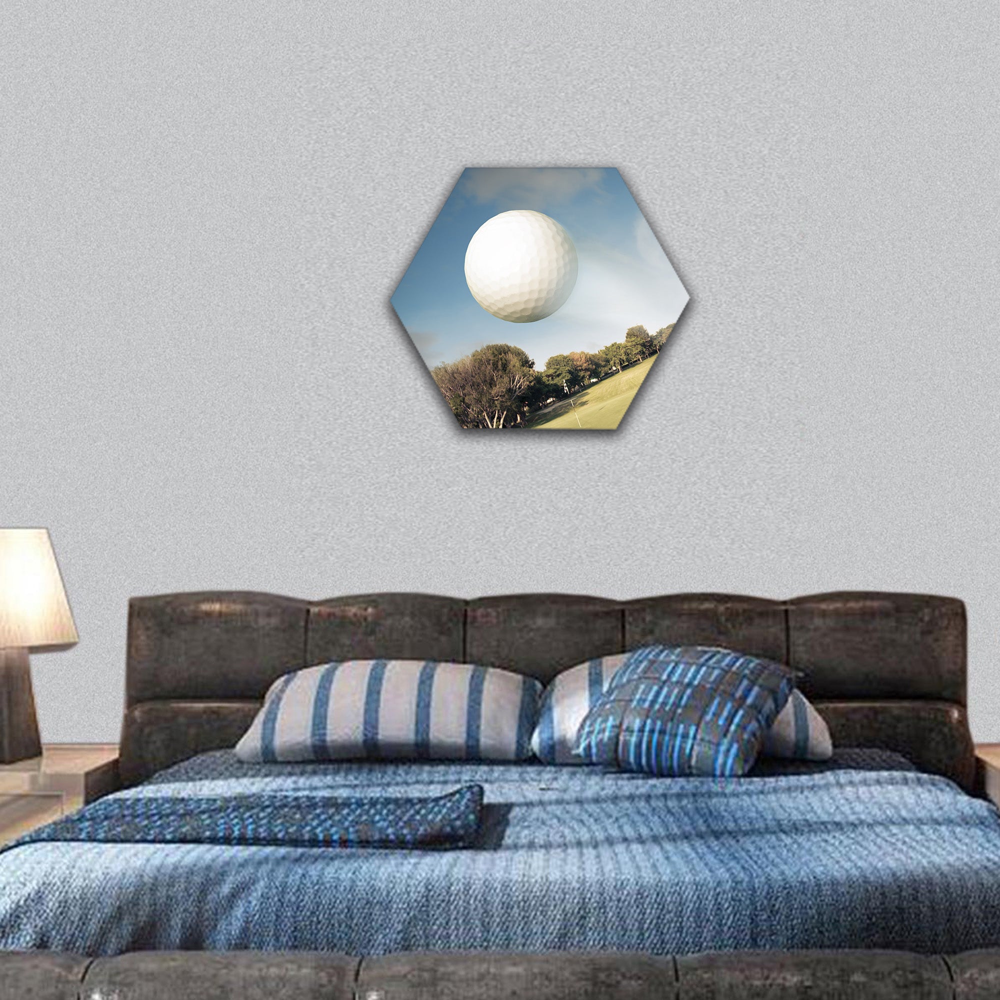 Golf ball flying over green field hexagonal canvas wall art