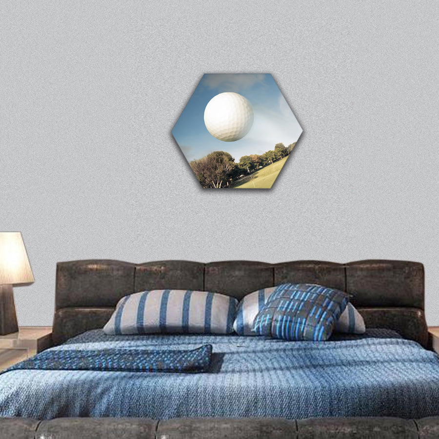 Golf ball flying over green field hexagonal canvas wall art