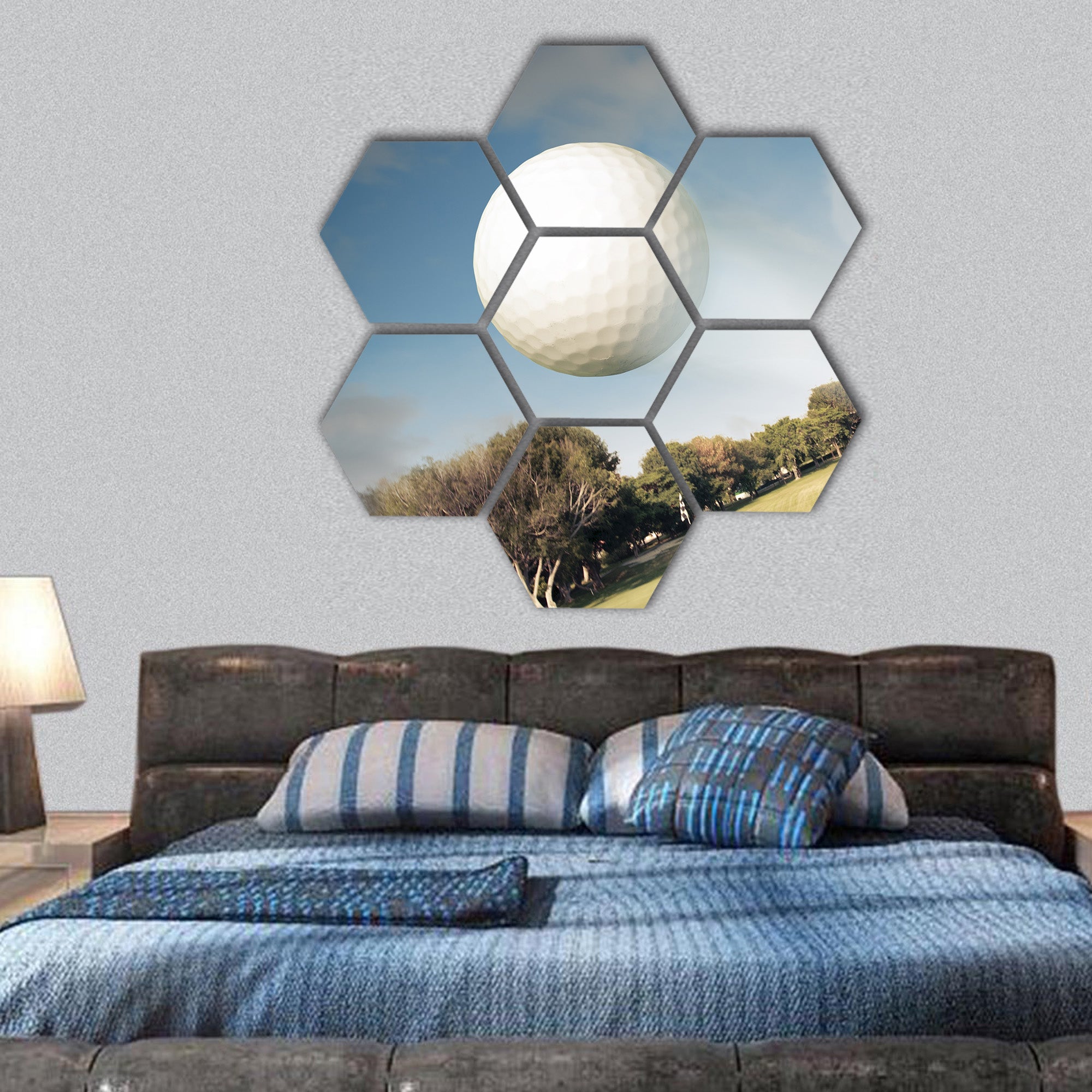 Golf ball flying over green field hexagonal canvas wall art